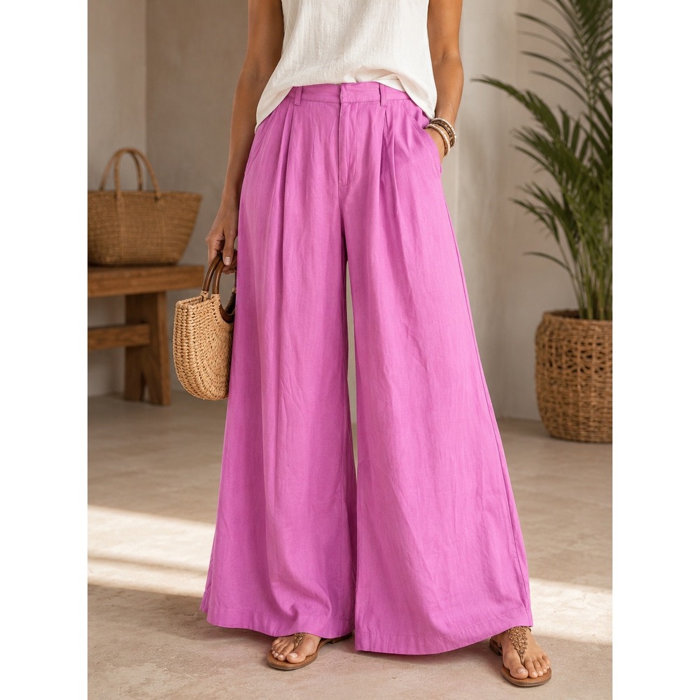 Vestique Vibrant Orchid Pink  High Waisted Pleated Wide Leg Trousers Pants